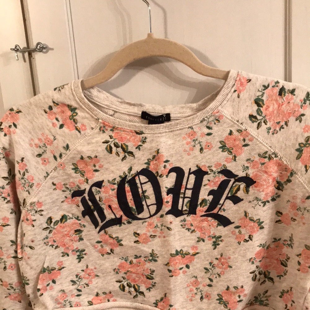 Forever 21 Floral “Love” Sweatshirt Style Crop Top - Picture 7 of 8